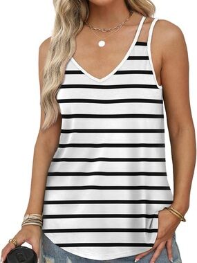 Women’s Striped V-Neck Tank Top - White & Black Size Large